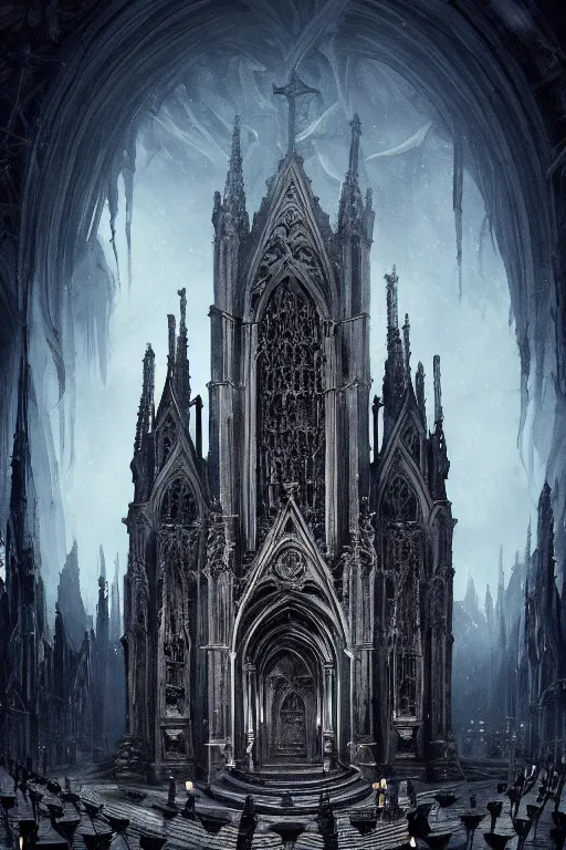 Image similar to a beautiful and terrifying painting with high details of a panoramic view of a gothic church made of white bones, with the white rose and a black - robed skeleton demon in the foreground, poster style, movie atmosphere, movie lights, 8 k, light effect, rtx on, trending on artstation, by kilian eng, lee madgwick, tyler edlin, mucha