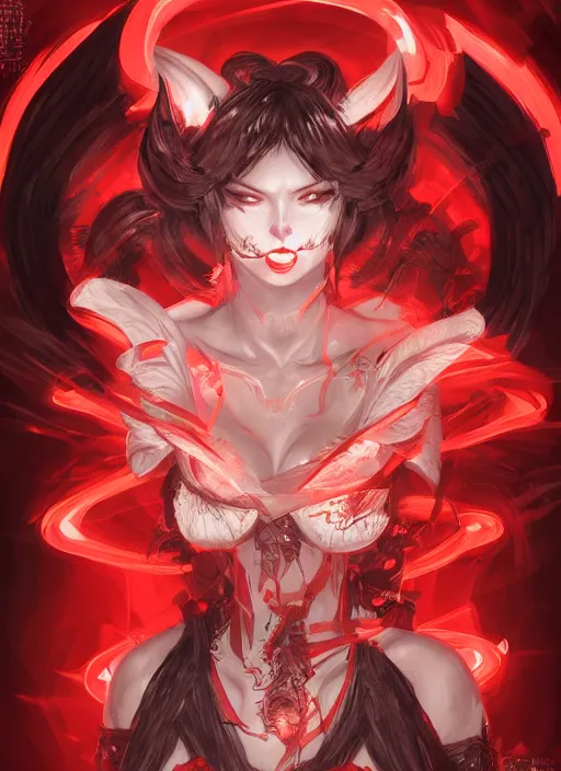 Image similar to angry kitsune woman, fluent composition, red and white neon, concept art, ambient light, 4 k, intricate details, highly professionally detailed, realistic, cgsociety, highly detailed -