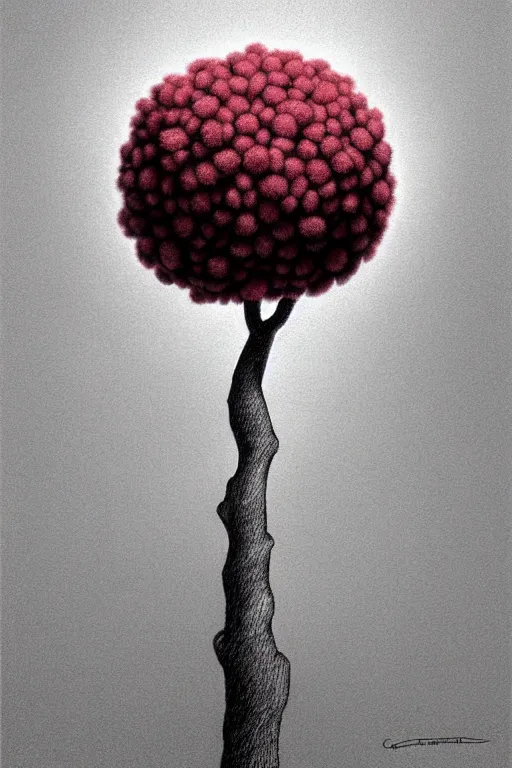 Image similar to a low angle perspective of a pompom tree, digital illustration by chris van allsburg and artgerm, surreal, photorealistic, award winning