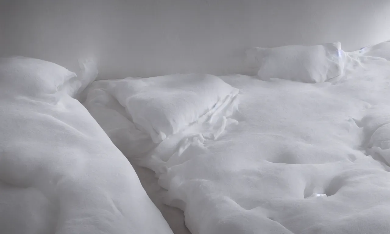 Image similar to soft vellum bedding floating in the void, comforter lobes stretched taught in places and bunched up in places, ambient occlusion, 1/40mm f/1.4 photograph of thick dough made out of aerogel, pinned together with a 2-3 softly luminous spheres pinning distant areas together, stark sunrise lighting, mound of perfect laundry floating in space