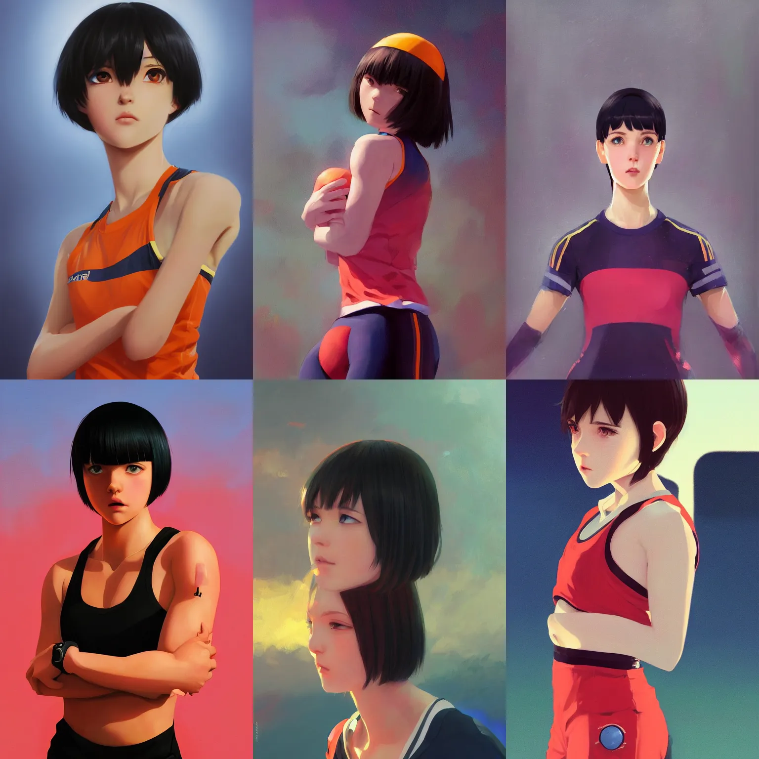 Prompt: a portrait of a cute young female athlete with black bob cut hair, sports setting, vivid colors, soft lighting, atmospheric, cinematic, moody, in the style of Ilya Kuvshinov and Range Murata, Krenz Cushart, rule of thirds, oil on canvas, 8k