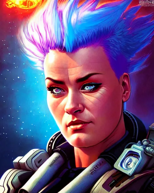 Image similar to zarya from overwatch, crazy look in his eyes, character portrait, portrait, close up, concept art, intricate details, highly detailed, vintage sci - fi poster, retro future, in the style of chris foss, rodger dean, moebius, michael whelan, and gustave dore