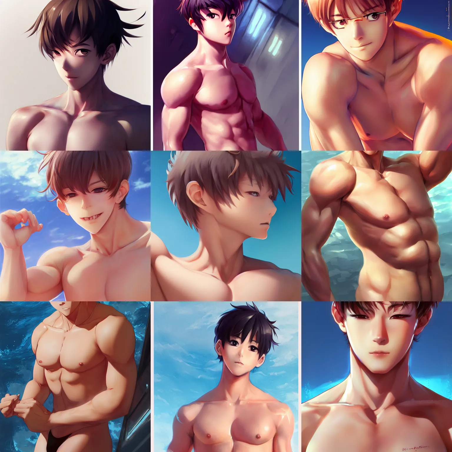 Prompt: illustration of a cute anime boy, wearing a speedo, realistic body, realistic face by Stanley Artgerm Lau, WLOP, Rossdraws, James Jean, Andrei Riabovitchev, Marc Simonetti, and Sakimichan, trending on artstation