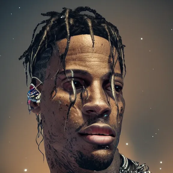 Image similar to dj travis scott, 4 k, intricate detailed, jaw dropping, gorgeous, surreal, octane render