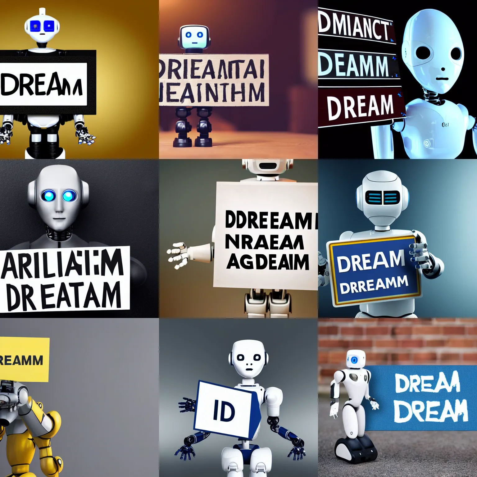 Image similar to artificial intelligence robot holding a sign with text that reads : dream