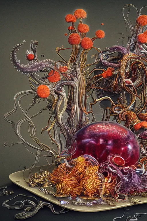 Image similar to ultradetailed flash photo of reailistic still life with jelly flowers by ernst haeckel, amano, caravaggio, roger dean and andrei tarkovsky, lovecraftian horror, slime, tentalces, wide angle, cinematic, octane render, bokeh, unreal engine, 4k