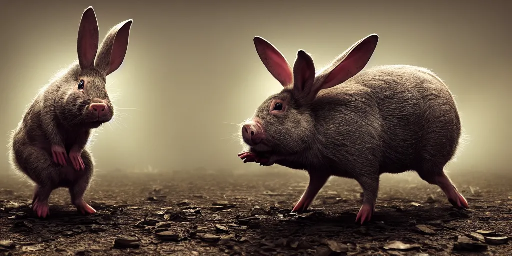 Prompt: a decomposing rabbit dancing with a pig, skulls litter the ground, 1 6 k, photorealistic, cinematic composition, movie concept art, cinematic composition 8 k, intricate detail, high detail, hd, octane render, unreal engine, v - ray, cinematic lighting, octane, volumetric lighting, dark moody lighting, atmosphere, mist, fog, matte painting, extreme long shot