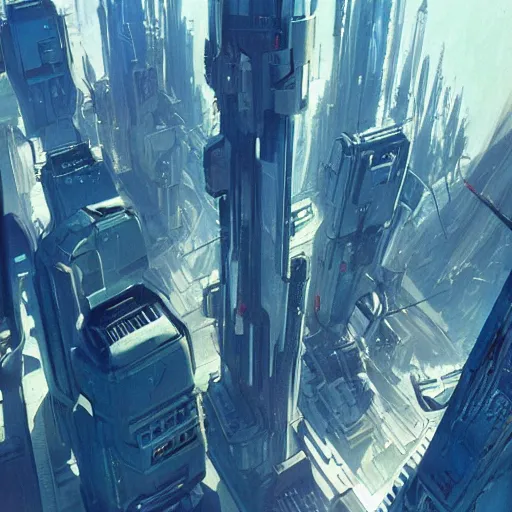 Prompt: aerial view of futuristic cyberpunk city, daylight, blue sky, cinematic lighting, blue sky, syd mead, john harris