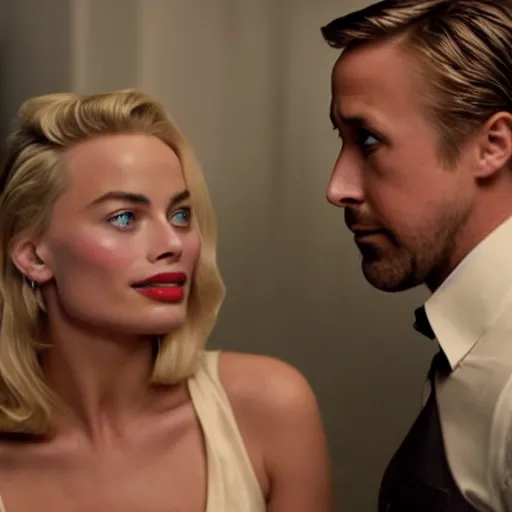 Image similar to still of ryan gosling and margot robbie, in rocky