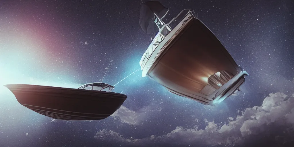 Image similar to a highly detailed realistic photographic render of a boat in space, surreal, cinematic lighting, cinematic scene, volumetric lighting, atmospheric scene, dark, mystery, atmospheric lighting, realistic, photo realism, hyper realistic, hyper realism, photo realisitc, cinematic render, film, beautifully lit, ray traced, octane 3 d render, octane render, unreal engine