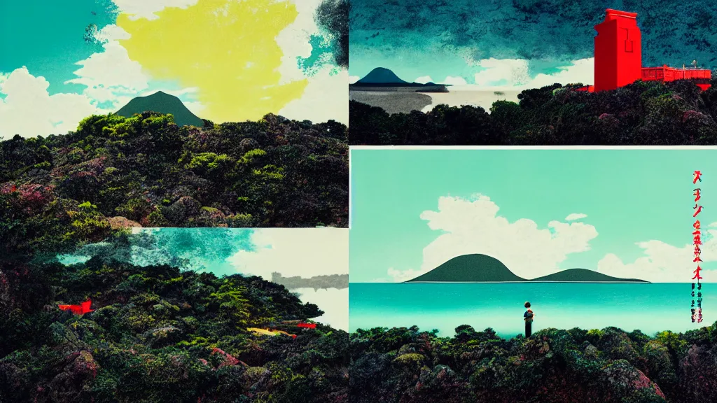 Image similar to dramatic landscape of okinawa prefecture, japan, a collage painting, in the style of wes anderson, lola dupre, david hockney, isolated on negative white space background dark monochrome neon fluorescent spraypaint accents volumetric octane render