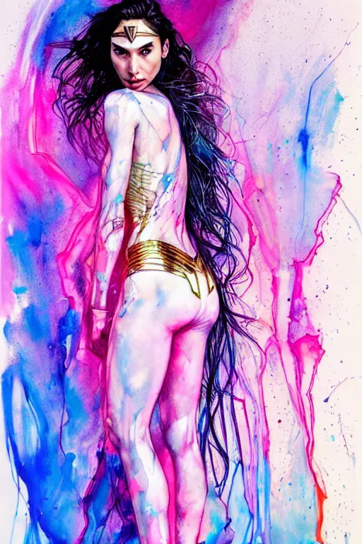 Image similar to gal gadot by agnes cecile enki bilal moebius, intricated details, 3 / 4 back view, full body portrait, extremely luminous bright design, pastel colours, drips, autumn lights