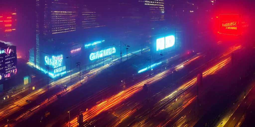 Image similar to giant illuminated billboards, megacity streets seen from above, neon signs, eerie fog, blade runner, ex machina