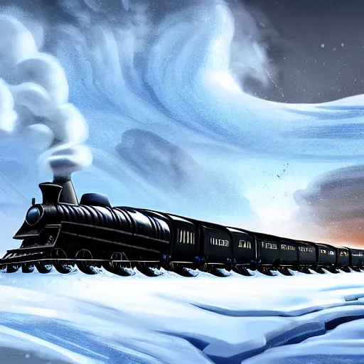 Prompt: a futuristic black steam train and a giant mammoth, post - apocalyptic ice landscape with heavy snow, digital art