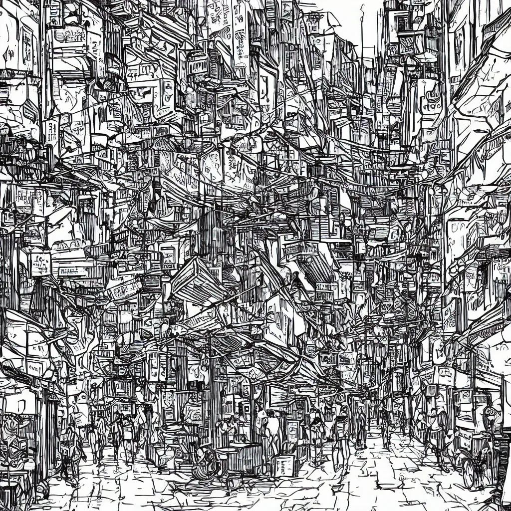 Prompt: a cyberpunk street with stalls and a noodle shop, wet street, people with umbrellas, many cables and lanterns, black fine line ink drawing, one liner