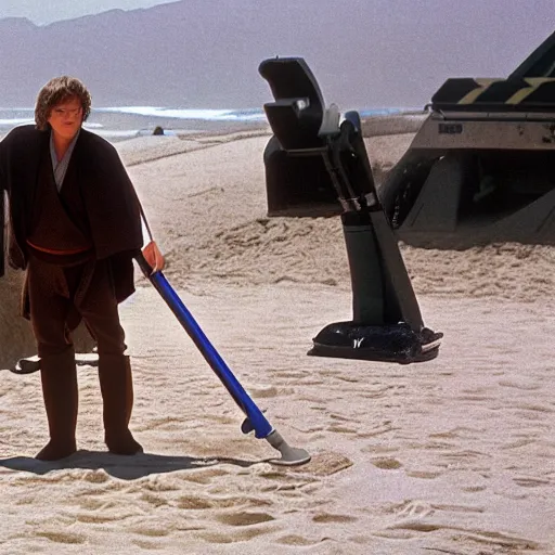 Image similar to anakin skywalker vacuuming the beach to remove sand