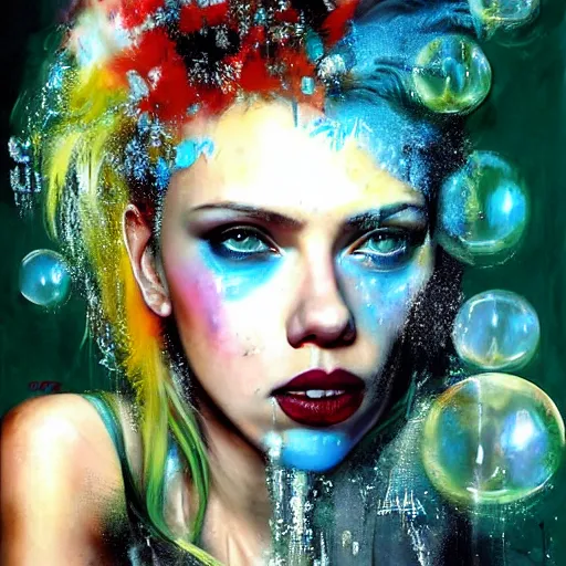 Prompt: scarlett johansson as delirium from sandman, ( hallucinating colorful soap bubbles ), by jeremy mann, by sandra chevrier, by dave mckean and richard avedon and maciej kuciara, punk rock, tank girl, high detailed, 8 k