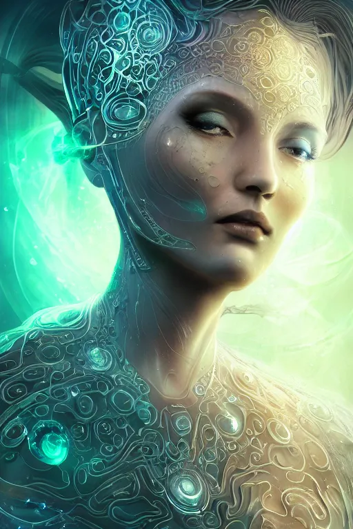 Prompt: a render of an ancient futuristic ethereal alluring goddess with digital modifications surrounded by a underwater ink pour and flowing liquid gallium and complex sacred geometry, powerful, cinematic, beautifully lit, perfect face, by beeple, by artgerm, by karol bak, 3 d, trending on cgsociety, octane render, zbrush central, 8 k