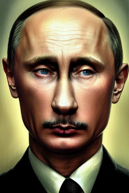 Image similar to vladimir putin as hitler, realistic portrait, symmetrical, highly detailed, digital painting, artstation, concept art, smooth, sharp focus, illustration, cinematic lighting, art by artgerm and greg rutkowski and alphonse mucha