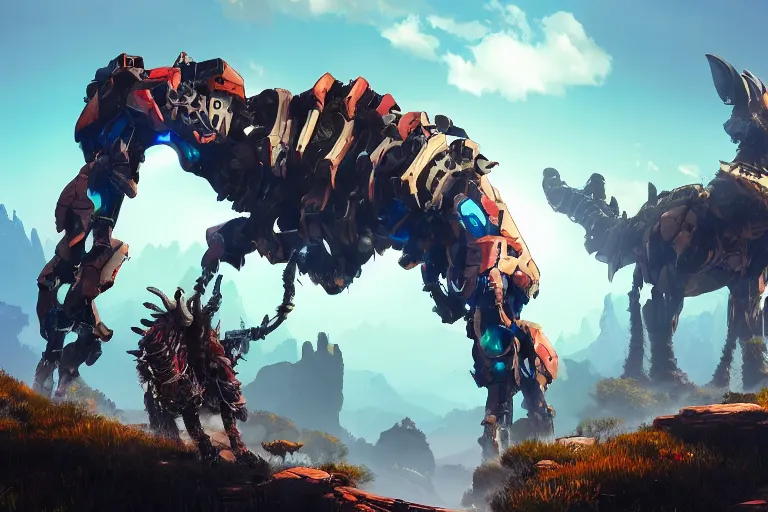 Image similar to grimhorn fanghorn machine mecha animal beast robot of horizon forbidden west horizon zero dawn bioluminiscence global illumination ray tracing hdr fanart arstation by sung choi and eric pfeiffer and gabriel garza and casper konefal