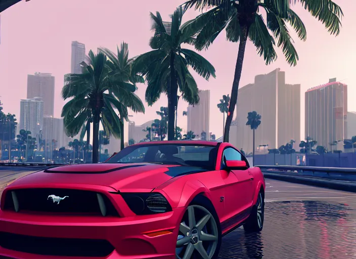 Image similar to still next - gen ps 5 game grand theft auto 6 2 0 2 4 remaster, graphics mods, rain, red sunset, people, reflections, gta vi, miami, palms and miami buildings, screenshot, unreal engine, 4 k, 5 0 mm bokeh, close - up ford mustang, gta vice city remastered, rtx, artstation