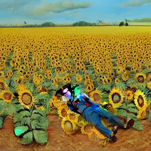 Image similar to a stunning painting of many dead russian soldiers lying amid a field of sunflowers as painted by francis bacon