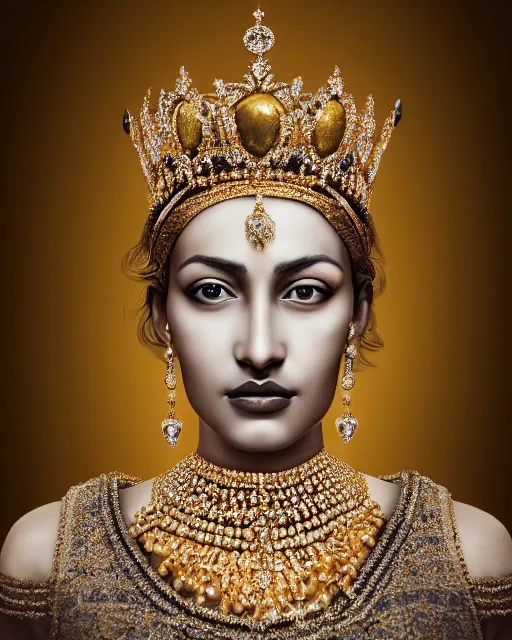 Image similar to realistic portrait of a queen, dark, gold and silver ornaments, facing camera, photo realistic, detailed, 1 4 5 0, delicate, hyper realism, ultra realistic, matte painting, 8 k