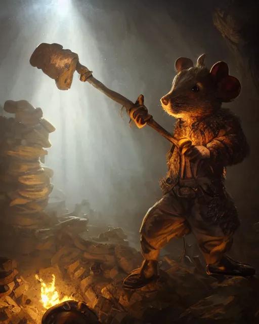 Image similar to oil painting of poor anthropomorphized mouse miner mining gold, pickaxe, close shot, full body, dark steampunk mine shaft background, sharp focus, fantasy style, octane render, volumetric lighting, 8k high definition, by greg rutkowski, highly detailed, trending on art Station, dungeons and dragons artwork, centered