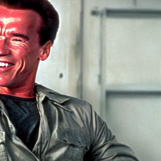 Image similar to arnold schwarzenegger in true lies smiling at the camera, blooper, out take, funny