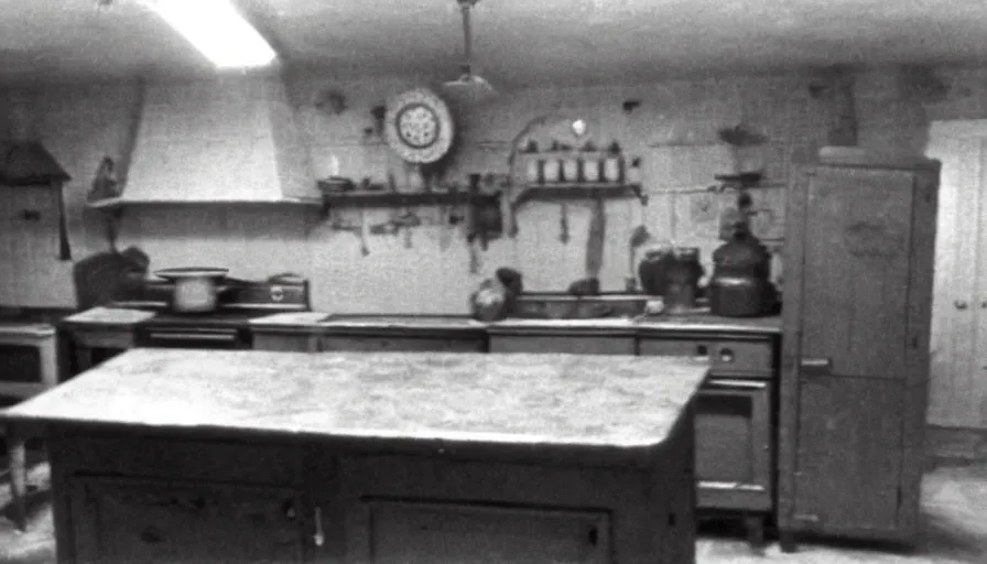 Image similar to a rhinoceros in a stalinist style kitchen, by mini dv camera, very very low quality, heavy grain, very blurry, accidental flash, webcam footage, found footage, security cam, caught on trail cam