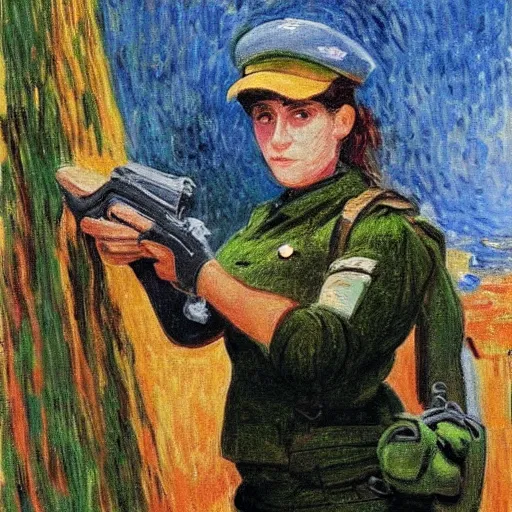 Image similar to a female israel defence force soldier pressing a staple gun to her own head and looking depressed by monet