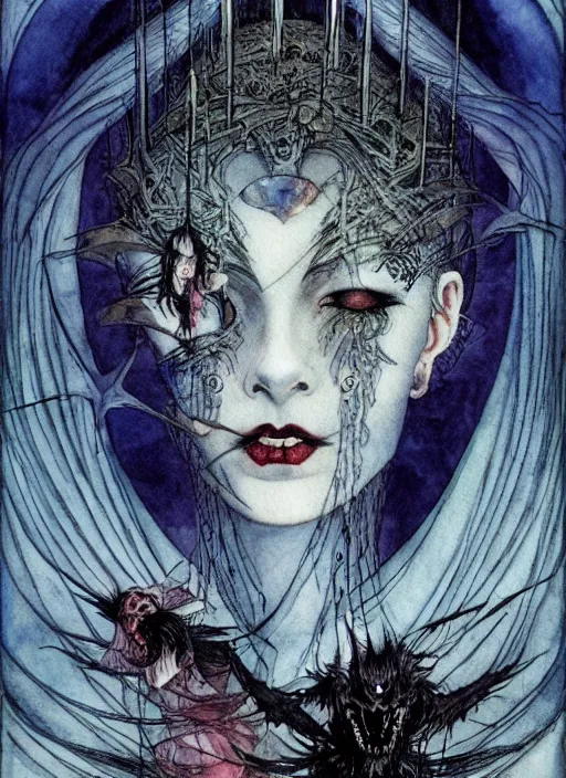 Image similar to dark vampire queen closeup face surrounded by bats, night sky, art by luis royo and walter crane and kay nielsen, watercolor illustration,