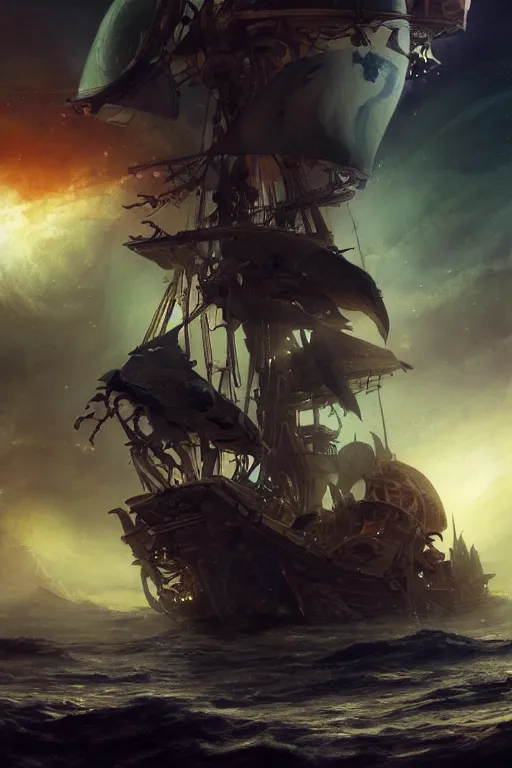Prompt: pirate ship in orbit around saturn, black sails, skull logo, space and stars, no water, 3 d render, hyper - realistic detailed portrait, ruan jia, wlop. scifi, fantasy, magic the gathering, hyper detailed, octane render, concept art, peter mohrbacher