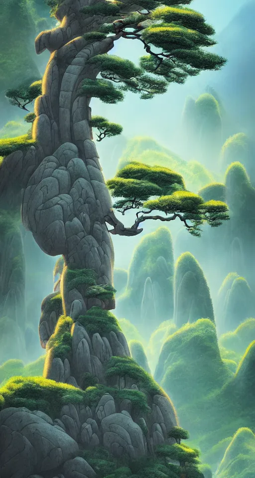 Prompt: huangshan mountain, illustration, kung fu panda, higashiyama kaii - sankyo, beeple, magical, tree greeting