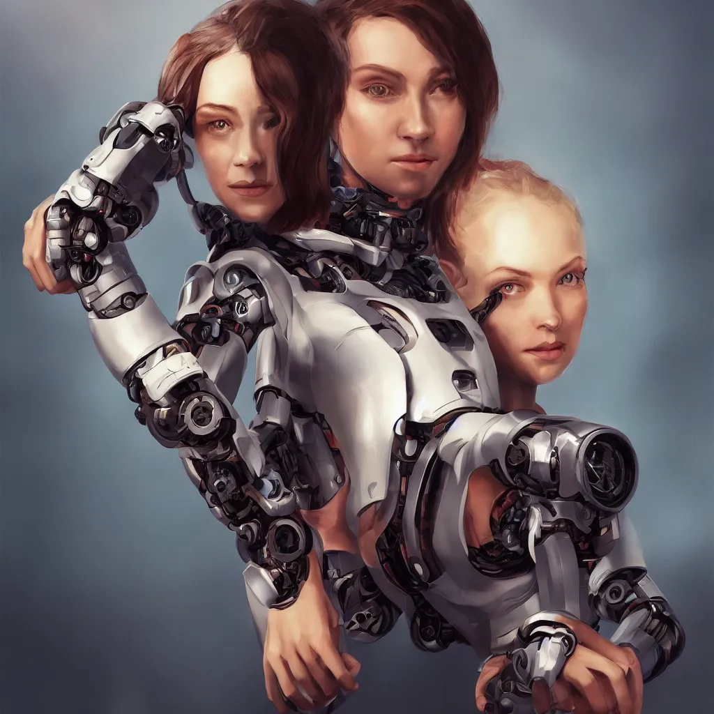 Prompt: a portrait of a woman with a robotic arm, sci-fi, trending on Artstation, character portrait