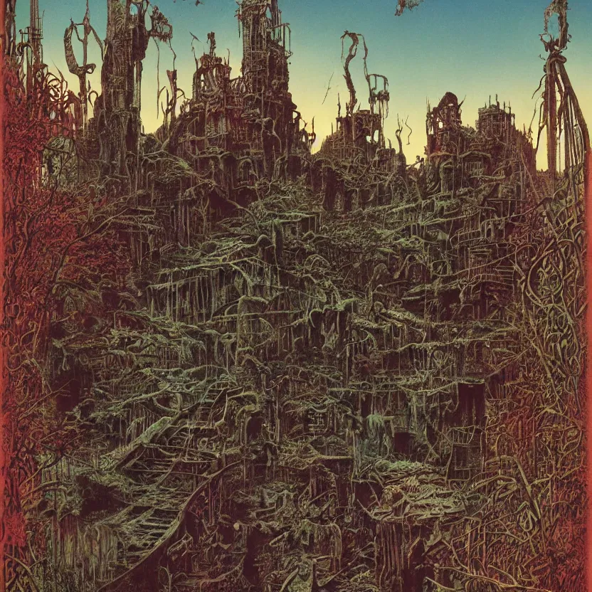 Prompt: an abandoned theme park, by richard corben, bruce pennington, and zdzisław beksinski. goosebumps cover art. pulp horror art.