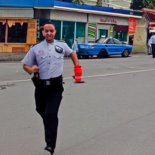 Prompt: policeman chasing shushi roll holding viagra pill