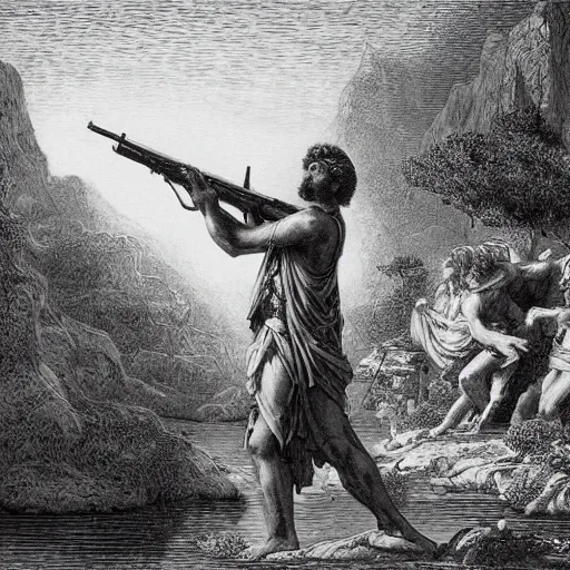 Image similar to Adam shooting the snake with an AK-47 in the heavenly gardens, biblical painting by Gustave Doré, black and white palette, detailed