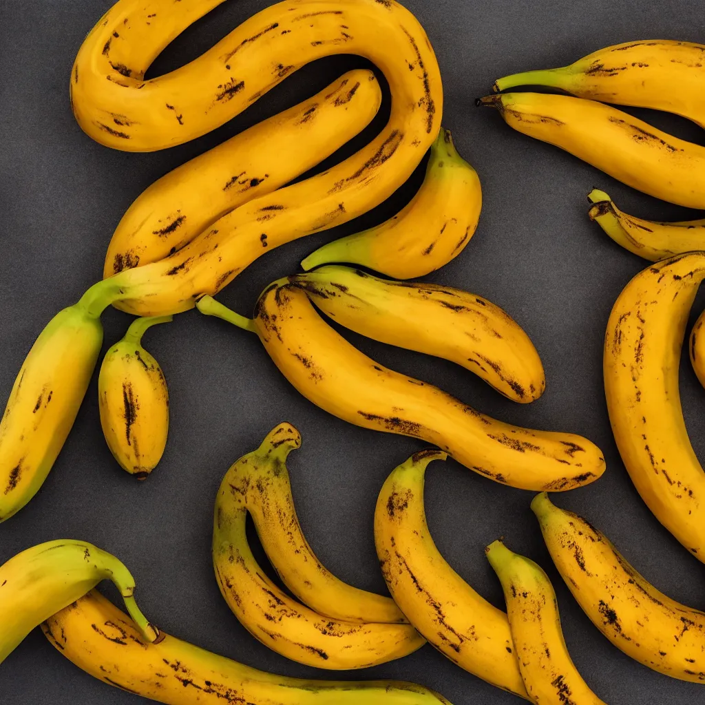 Prompt: long spotted bananas in the shape of juicy ripe oranges, closeup, hyper real, food photography, high quality