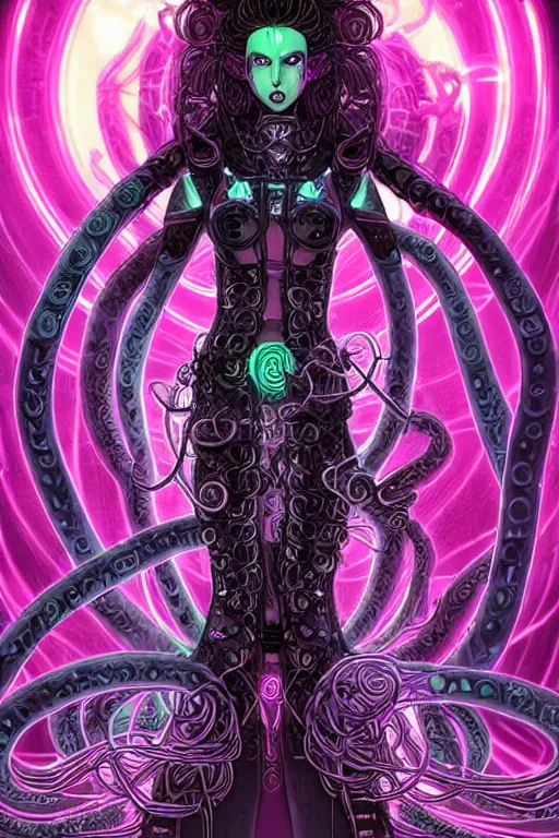 Image similar to Perfectly-centered Hyperdetailed symmetrical cinematic RPG portrait-illustration of a beautiful aetherpunk cyberpunk Medusa in a long neon-noir lovecraftian dress while her hair is made of huge ravepunk snakes. She's standing next to otherworldly towers in a surreal landscape with a cosmic horror blurred background, in the style of an epic sci-fi comic-book cover, 3D rim light, smooth digital art, sharp focus, 8K.