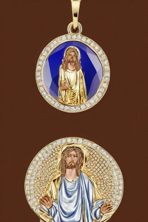 Image similar to this gold jesus pendant upgraded in platinum and sapphires where there are diamonds. high shine jewelry