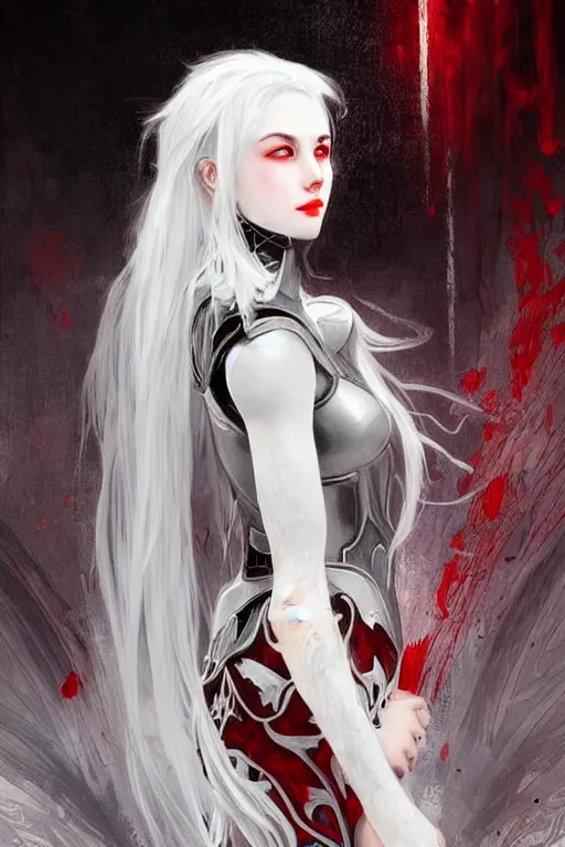Image similar to portrait white hair sinister knights of Zodiac girl+smoky eyes, black fire red color reflected armor, in ruined Agora of Athens rainy night, ssci-fi and fantasy, intricate and very very beautiful and elegant, highly detailed, digital painting, artstation, concept art, smooth and sharp focus, illustration, art by tian zi and WLOP and alphonse mucha