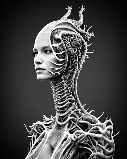 Image similar to a black and white high quality photo of a young beautiful female queen-dragon-cyborg bust with a very long neck and Mandelbrot fractal face, Mandelbrot fractal skin, flesh, anatomical, facial muscles, veins, arteries, elegant, highly detailed, flesh highly baroque ornate, hair are cable wires, elegant, high fashion, rim light, octane render, in the style of H.R. Giger and Man Ray, Realistic, Refined, Digital Art, Highly Detailed, Cinematic Lighting, Dramatic light, rim light, black and white, photo-realistic, 8K