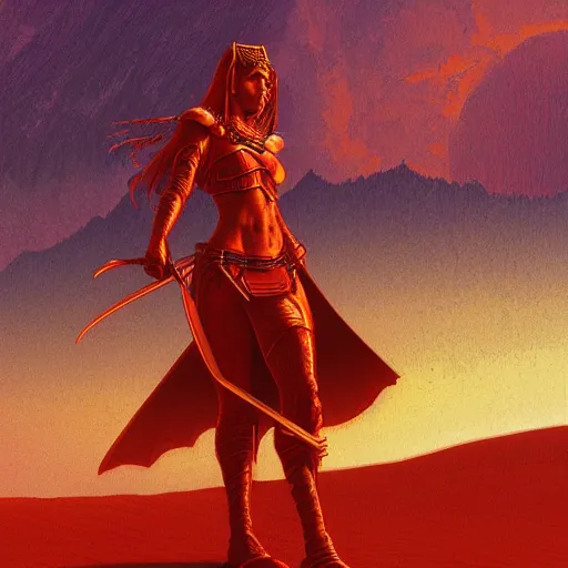 Prompt: warrior princess with red armor in the desert by night, moebius, Jean Giraud, landscape, epic, artstation, dusk