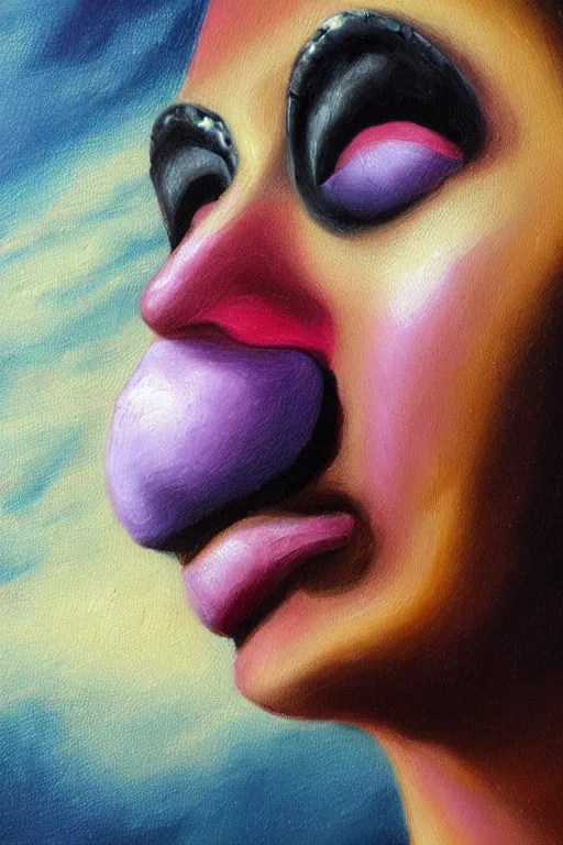 Image similar to hyperrealism oil painting, close - up portrait of commedia dell'arte fashion woman model, gradient mixed with nebula sky, in style of baroque