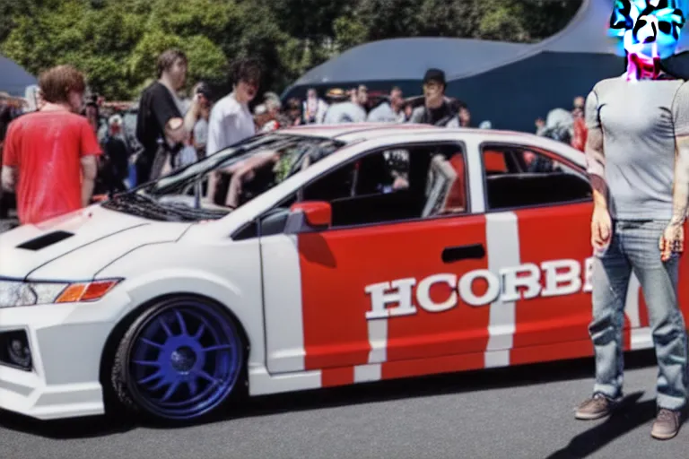 Prompt: mark Zuckerberg and his anime wrapped honda civic at a car show