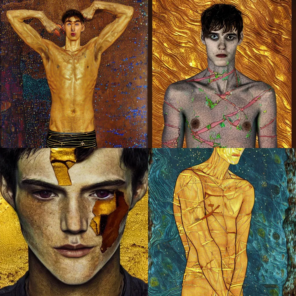 Prompt: a tall, slender 20 year old man with golden cracks and scars on his arms and chest, standing atop a mountatin, sci-fi, digital art, klimt, kintsugi, sharp-jaw, long brown hair