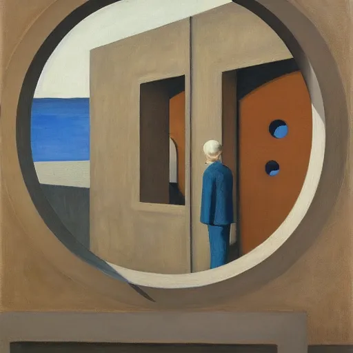 Image similar to first person view of a stark concrete maze, people peering into portholes, grant wood, pj crook, edward hopper, oil on canvas