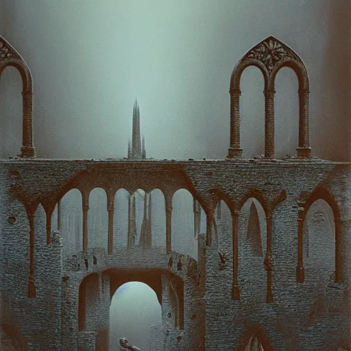 Prompt: explosion bridge, ruins, dark fantasy, arch bridge, neogothic architecture, symmetry, poster design, zdzisław beksiński, hr giger, occult mystical symbols in real life, high detail, blue fog