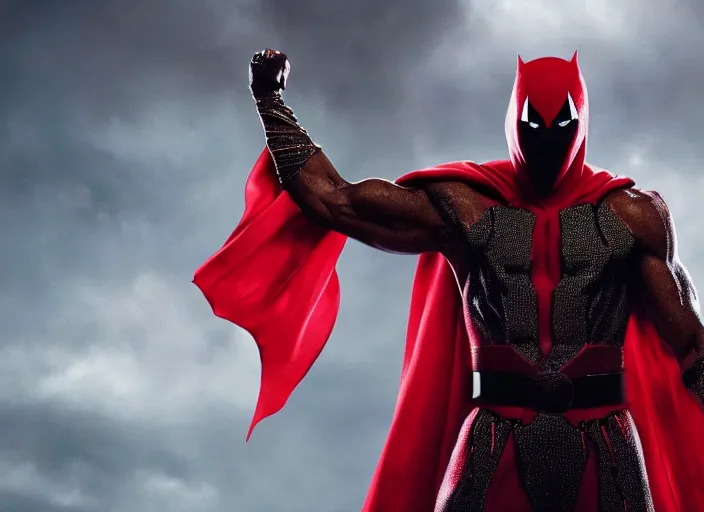 Image similar to film still of michael b jordan as spawn in the new spawn movie, giant chains, large cape, 8 k